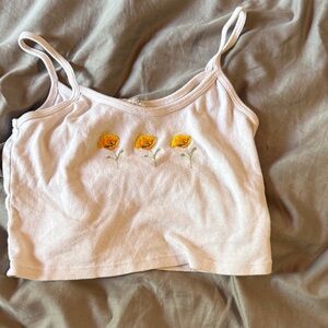 Brandy Melville Light Pink Cropped Tank with Yellow Floral Embroidery